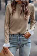 Lace Detail Round Neck Long Sleeve T-Shirt