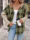 Perfee Drawstring Plaid Long Sleeve Hooded Shirt