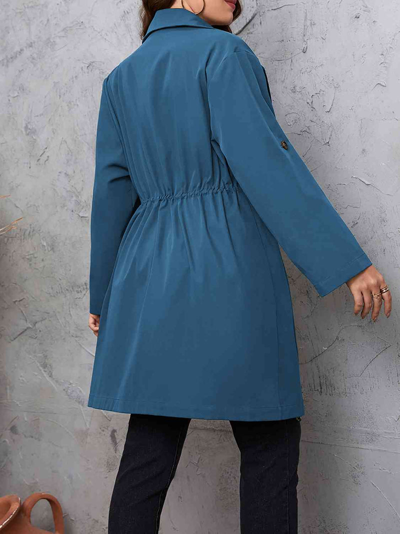 Plus Size Lapel Collar Drawstring Roll-Tab Sleeve Trench Coat