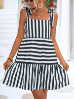 Striped Tie Shoulder Straight Neck Mini Dress