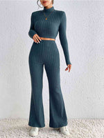 Ribbed Mock Neck Cropped Sweater & High Waist Pants Set